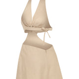 Beige Linen Halter Neck Mini Dress with Cutout and Flower Details