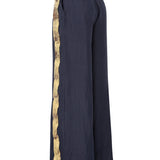 Navy Linen Wide Leg Pants with Gold Wavy Sequin Details
