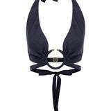 Navy Linen Halter Neck Top with Round Accessory