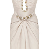 Heart Shaped Strapless Cream Linen Mini Dress with Gold Accessory Details
