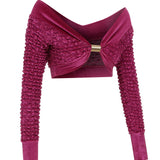 Crochet Velvet Crop Top with Fuschia Glitter Print Detail