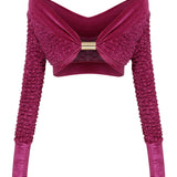 Crochet Velvet Crop Top with Fuschia Glitter Print Detail