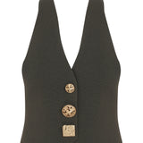 Black Knit V-Neck Vest With Gold Buttons