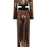 V-Neck Black/Bronze Sequined Chiffon Maxi Dress with High Slit