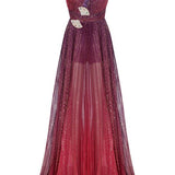 One Shouldered Fuschia Pleated Maxi Dress with Crystal Stone Detail