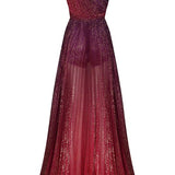 One Shouldered Fuschia Pleated Maxi Dress with Crystal Stone Detail