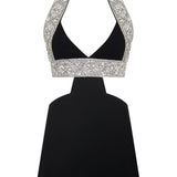Velvet Black Mini Dress with Halter Strap and Crystal Stone Detail