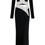 Off Shoulders Black Velvet Midi Dress with Crystal Beading and High Slit