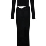 Off Shoulders Black Velvet Midi Dress with Crystal Beading and High Slit