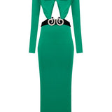 Knitted Green Midi Dress with High Neck and Belt Detail