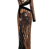 One Shouldered Black/Bronze Sequined Chiffon Maxi Dress with High Slit