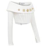 Off-Shoulder Ecru Corset Top In Knit with Gold Buttons