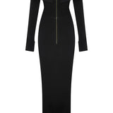 Black Corset Midi Dress with Off-Shoulders And Gold Details