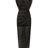 High Neck Black Chiffon Midi Dress with Gold Ecose and Stone Details