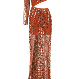 One Shoulder Crystal Embellishements Lace Maxi Dress with Hologram Details