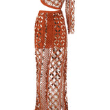 One Shoulder Crystal Embellishements Lace Maxi Dress with Hologram Details