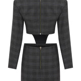 V-Neck Grey Ecose Gabardine Mini Dress with Side Opening