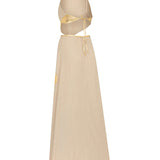 Beige Linen Halter Neck Maxi Dress with Cutout and Gold Pattern Details
