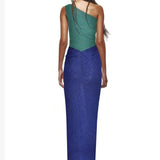One Shouldered Embroidered Chiffon Midi Dress