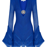 V-Neck Padded Long Sleeve Mini Dress with Fringe Details