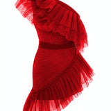 One Shoulder Ruffled Tulle Mini Dress