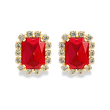 Gold Metal Earrings with Red Stones and Crystal Halo