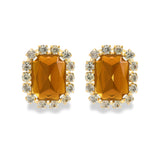 Gold Metal Earrings with Amber Stones and Crystal Halo