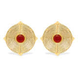 Gold Metal Round Earrings with Red Stones