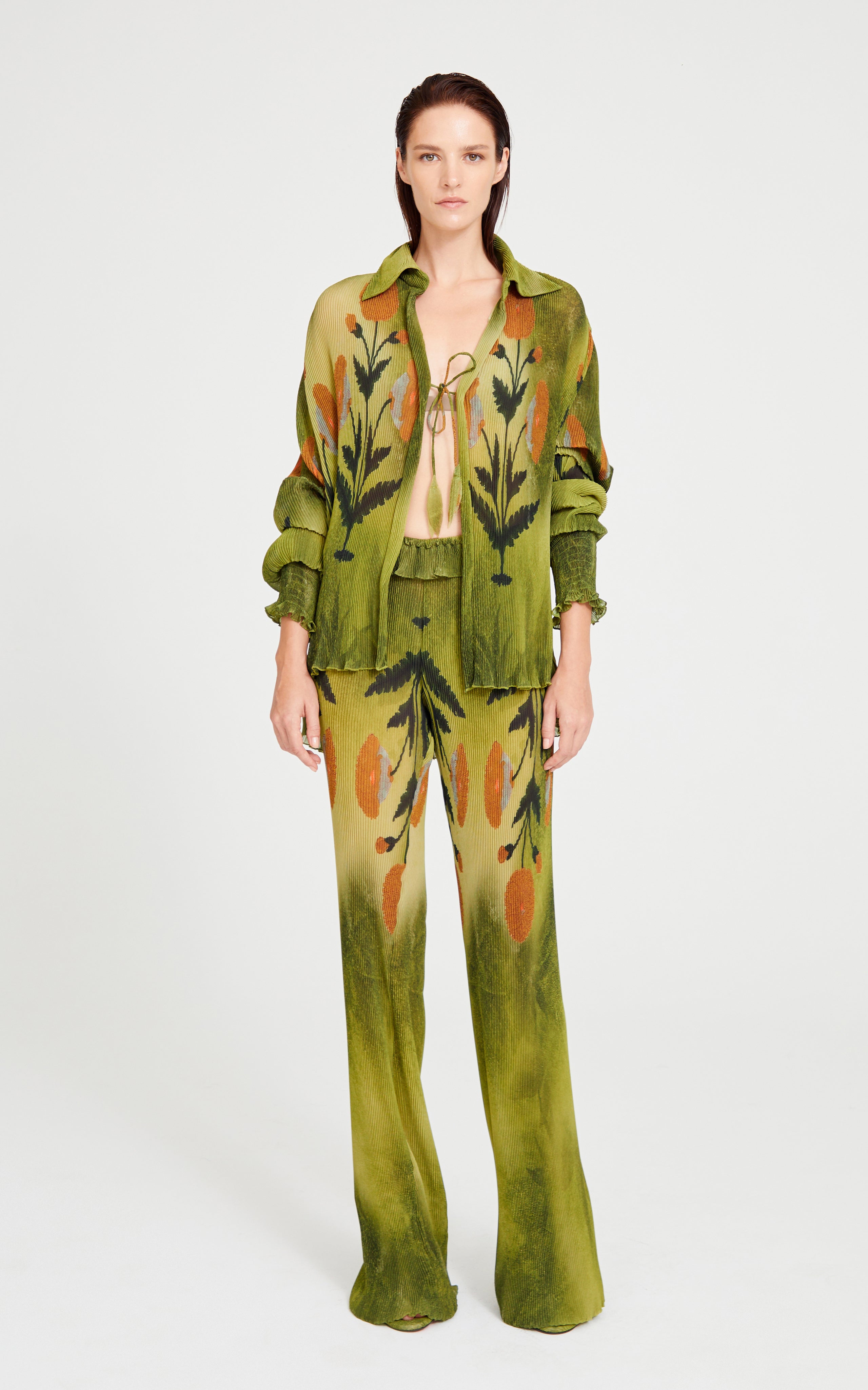 Printed Green Pants With Ruffle Belt Detail – RAISA VANESSA INT