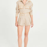 Beige Linen Shorts With Pleat And Gold Chain Details With Chain