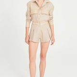 Beige Linen Shorts With Pleat And Gold Chain Details With Chain