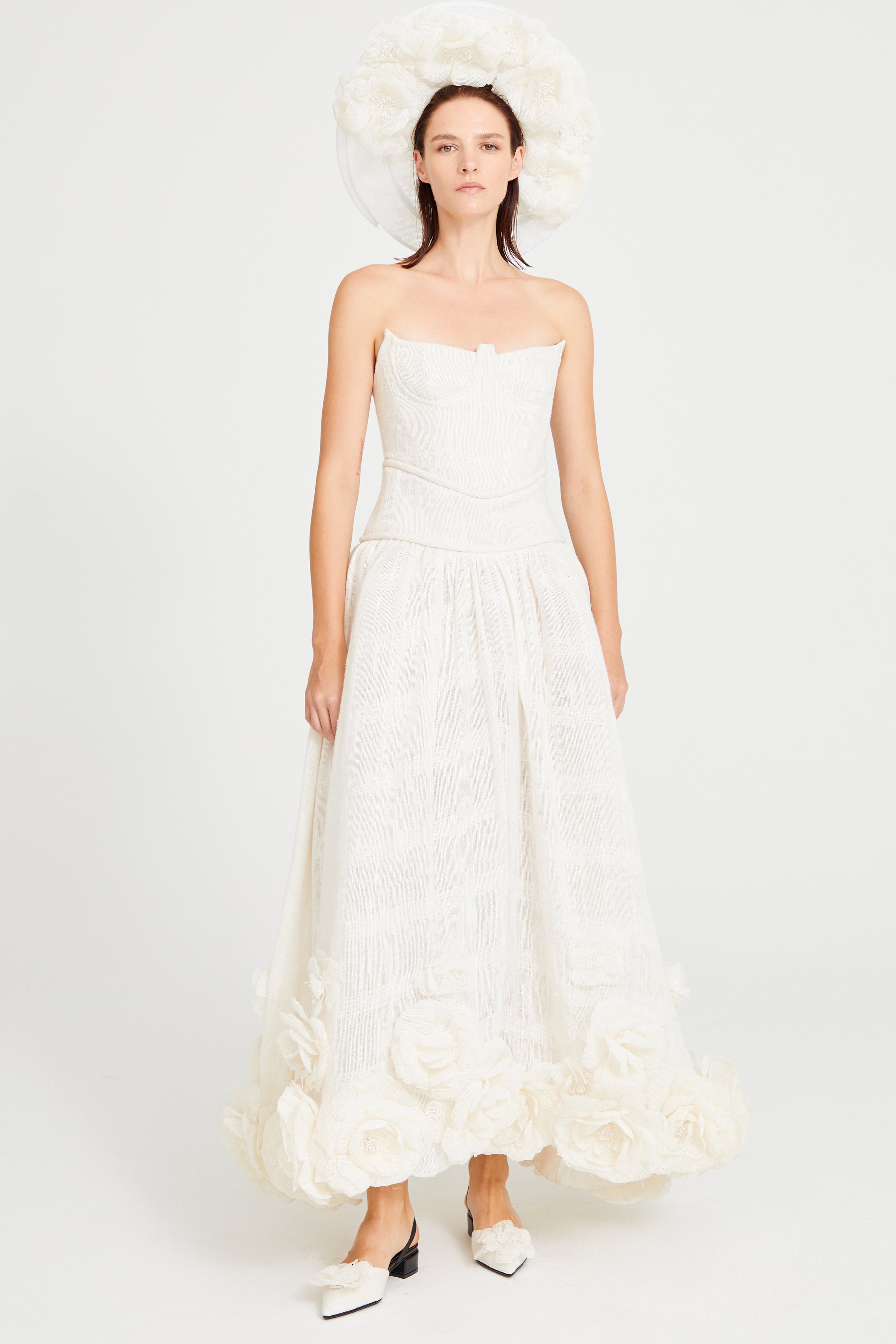 White Linen Midi Dress With Corset And Flower Details RAISA VANESSA INT White Linen Midi Dress With Corset And Flower Details RAISA VANESSA INT