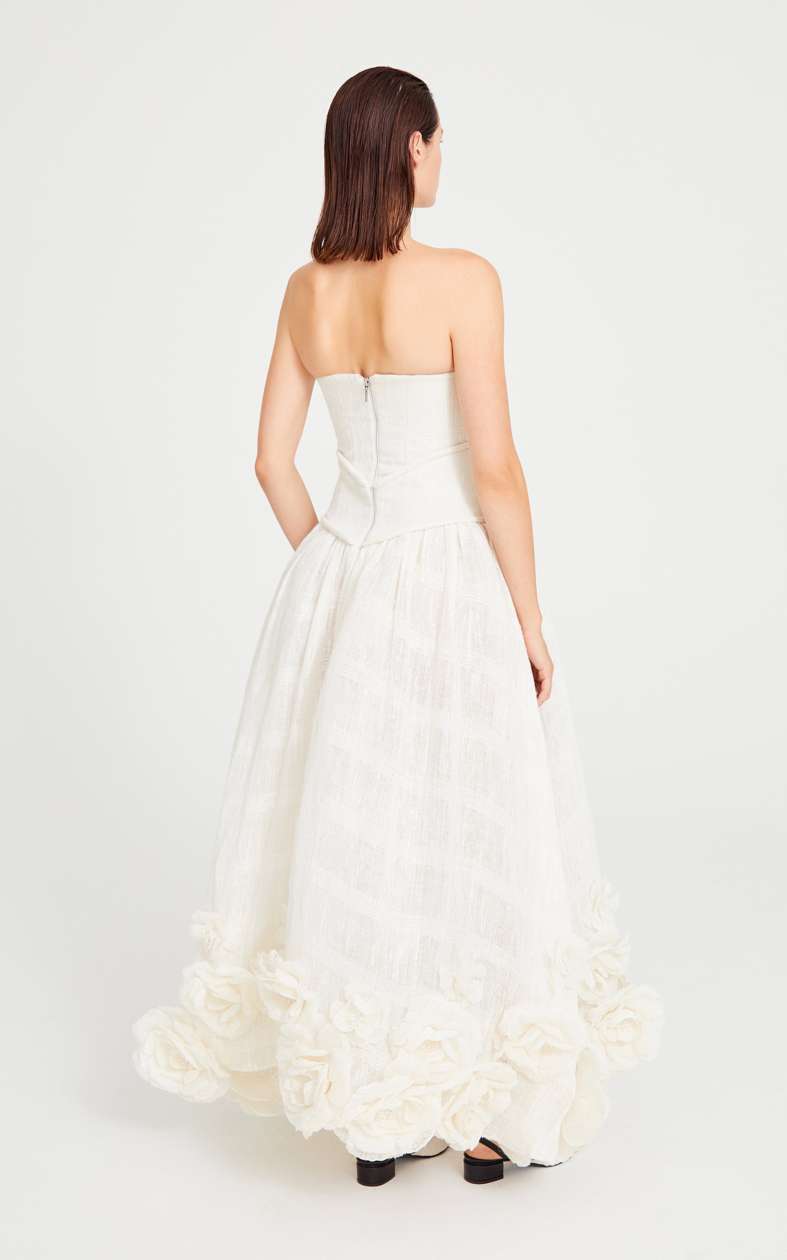 White Linen Midi Dress With Corset And Flower Details RAISA VANESSA INT White Linen Midi Dress With Corset And Flower Details RAISA VANESSA INT
