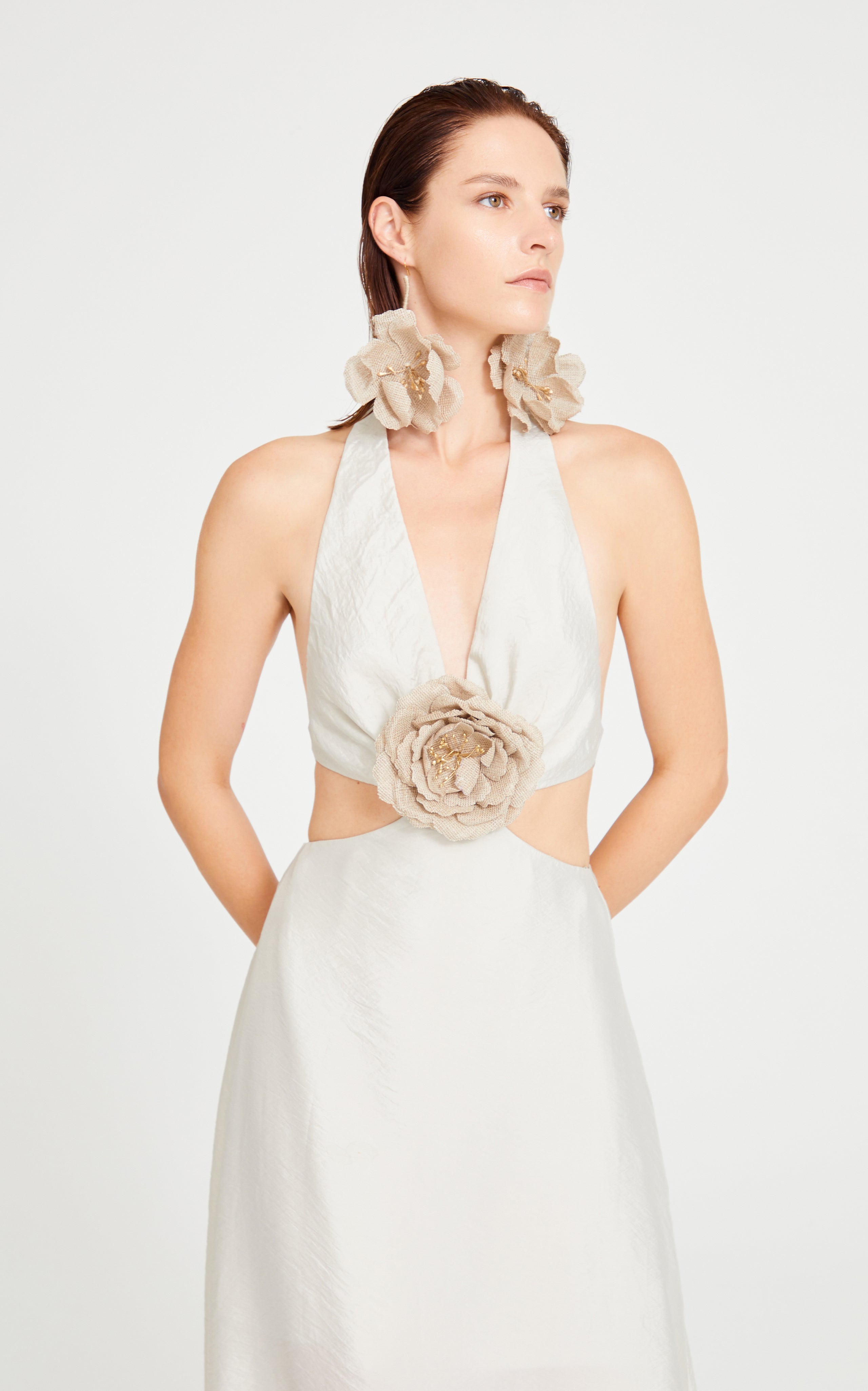 Cream Linen Halter Neck Maxi Dress With Cut Out And Flower Details RAISA VANESSA INT Cream Linen Halter Neck Maxi Dress With Cut Out And Flower Details RAISA VANESSA INT