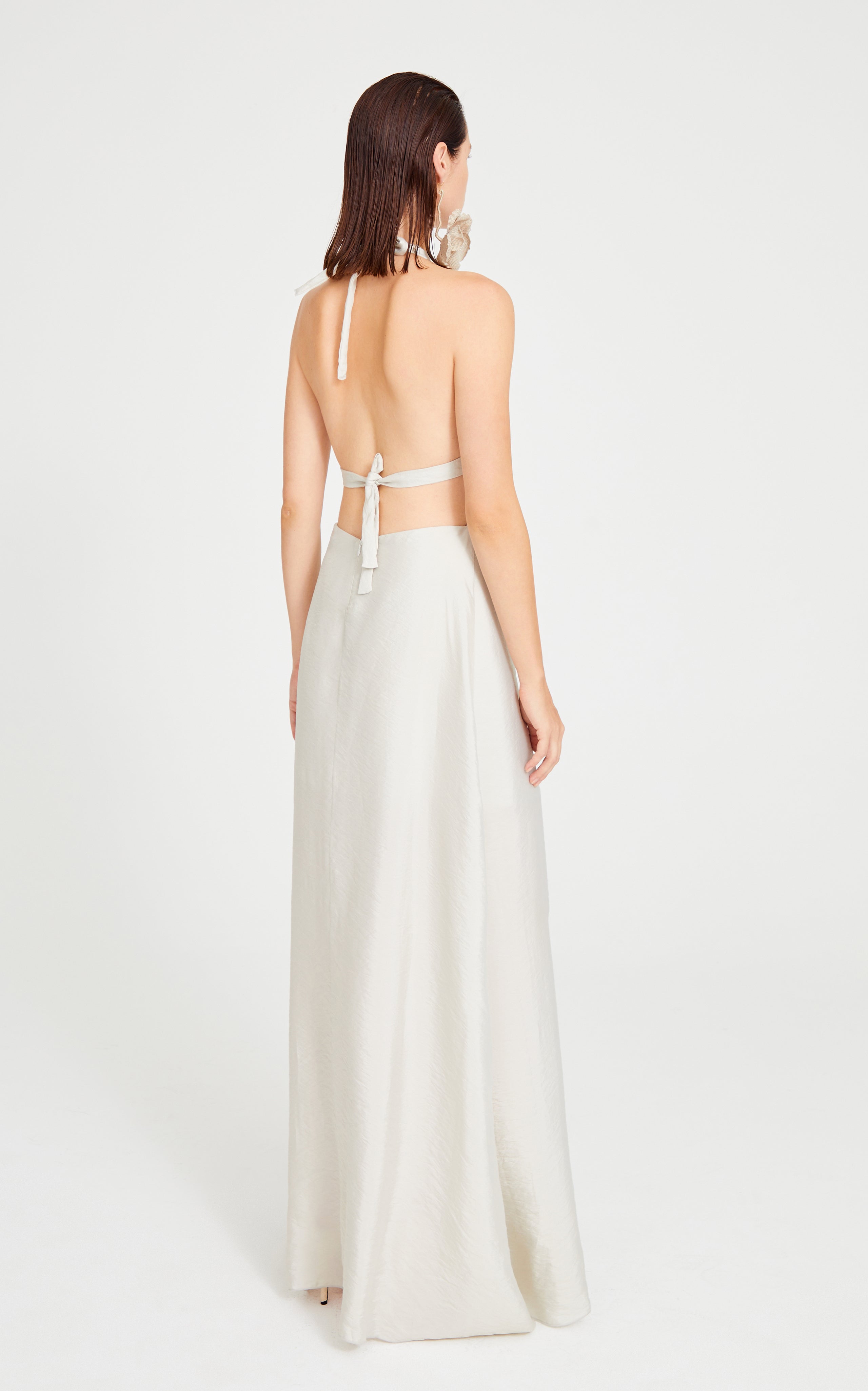 Cream Linen Halter Neck Maxi Dress With Cut Out And Flower Details RAISA VANESSA INT Cream Linen Halter Neck Maxi Dress With Cut Out And Flower Details RAISA VANESSA INT