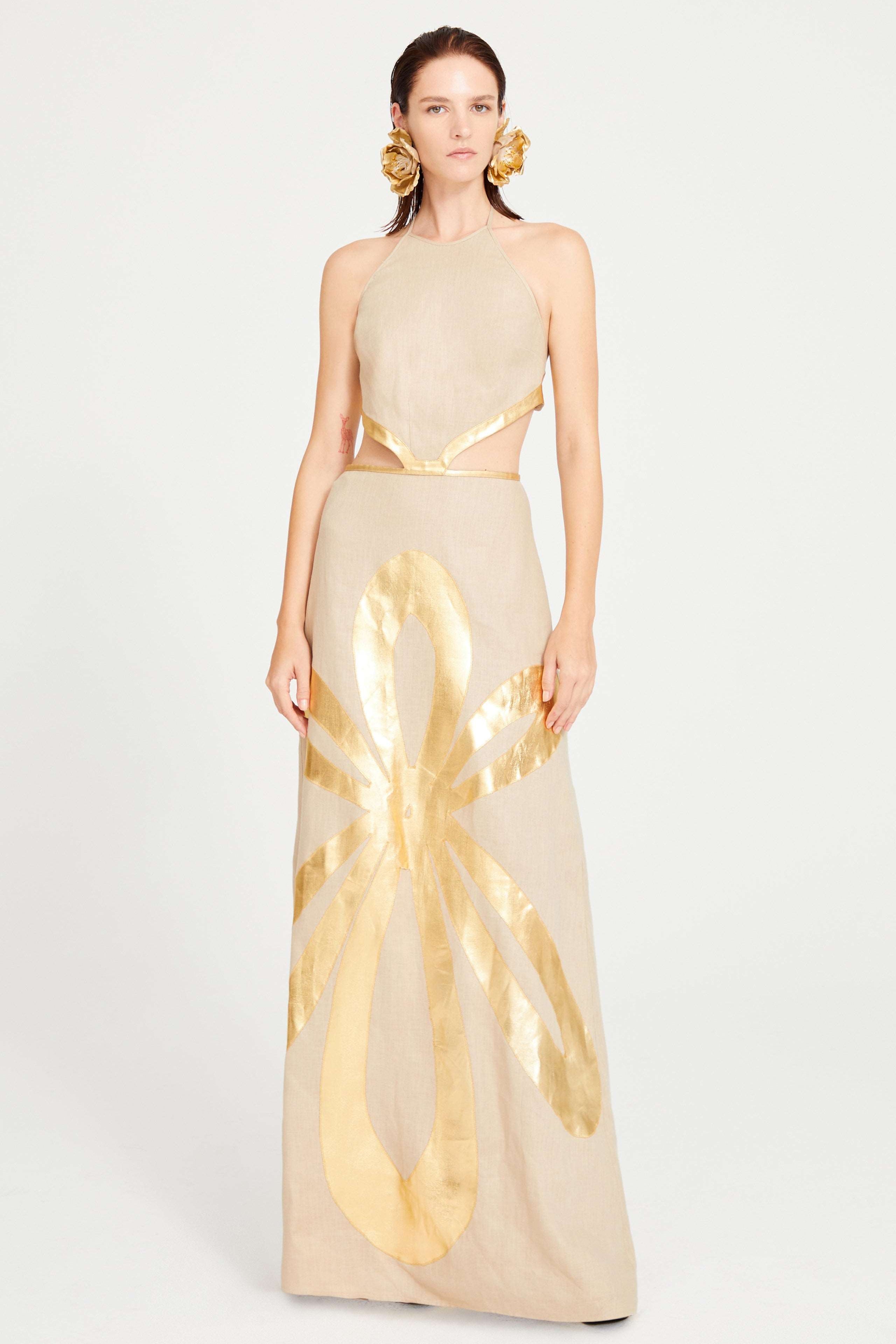 Beige Linen Halter Neck Maxi Dress with Cutout and Gold Pattern Details