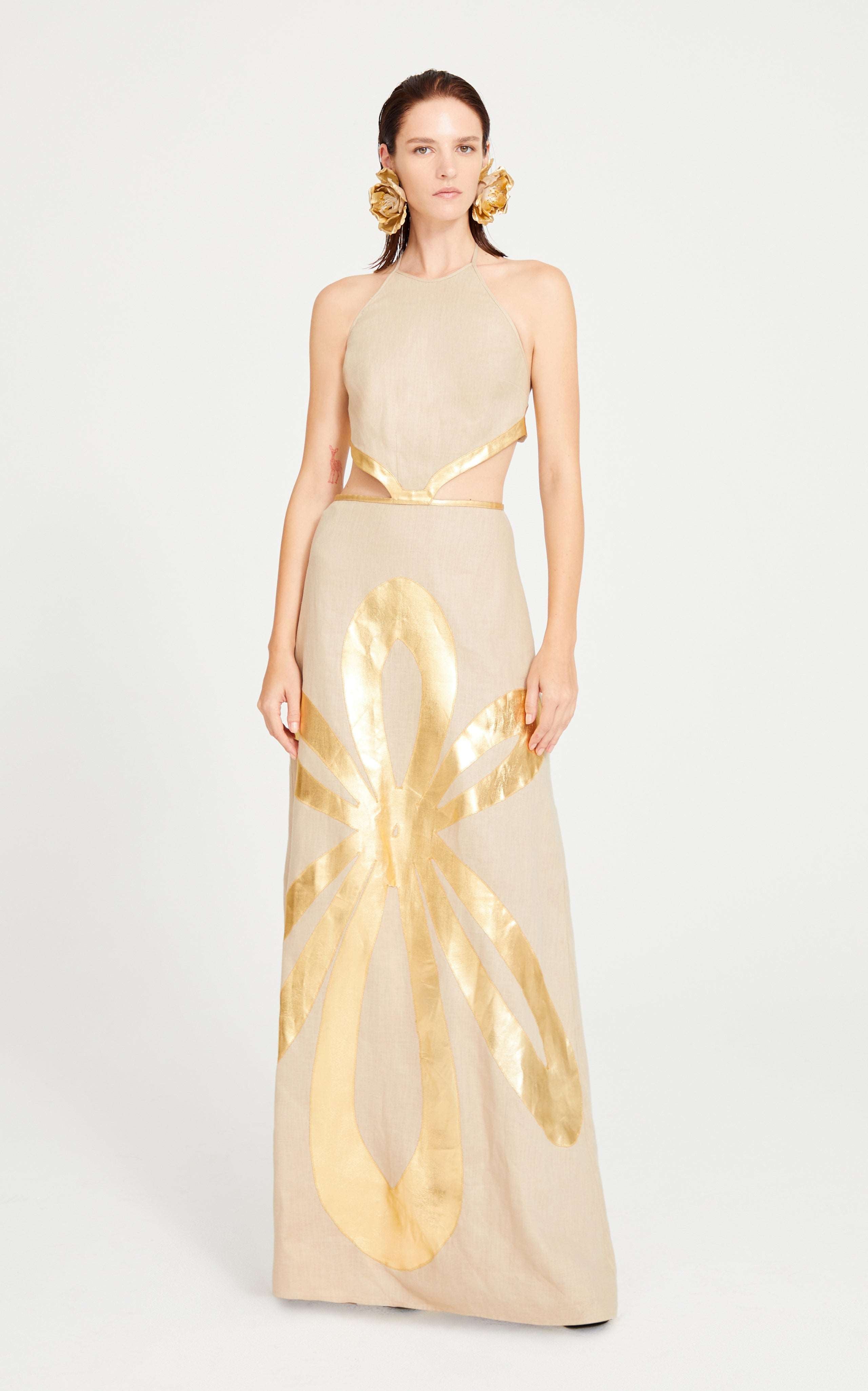 Beige Linen Halter Neck Maxi Dress with Cutout and Gold Pattern Details