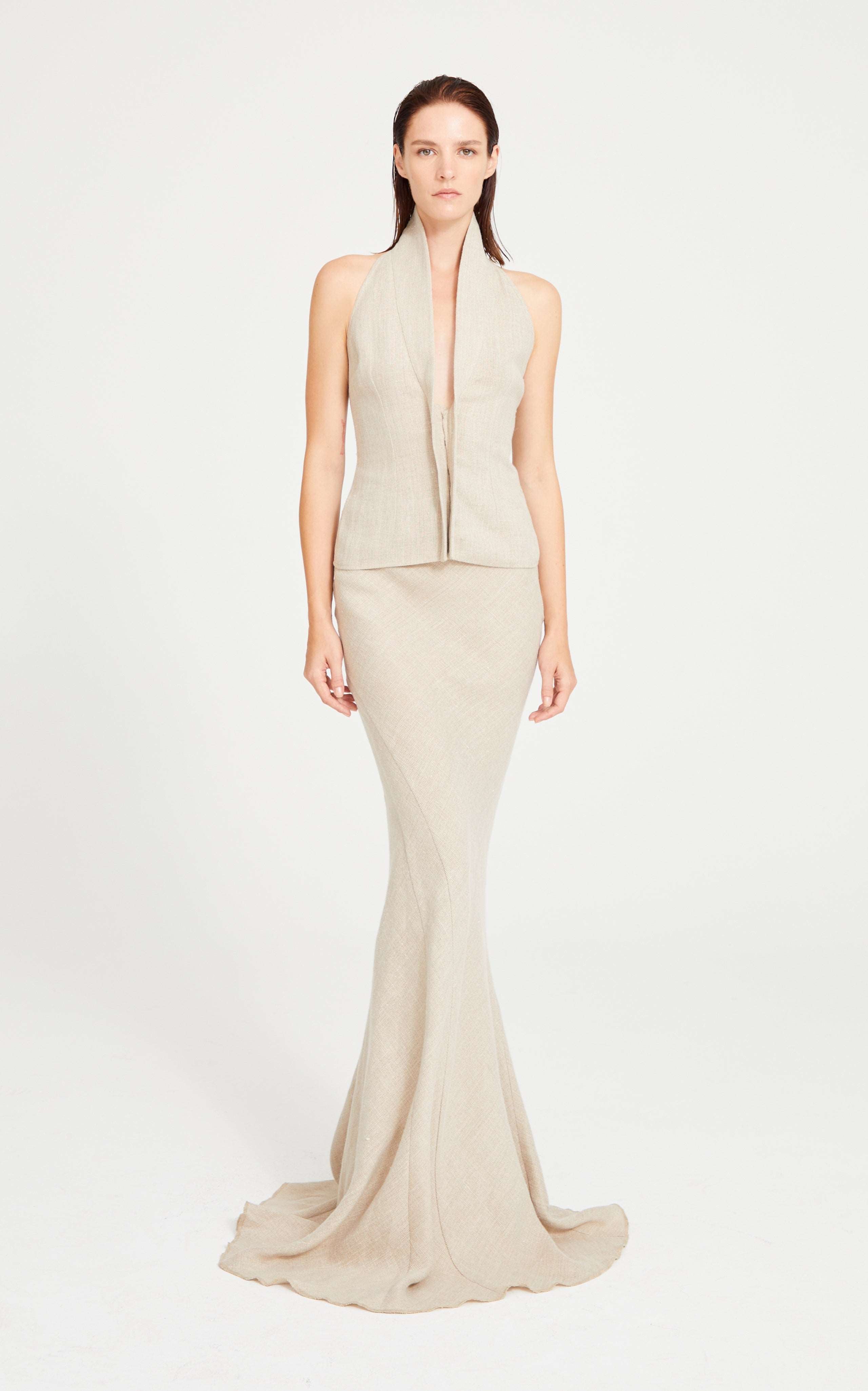 Beige Linen Halter Neck Top With Open Front Detail RAISA VANESSA INT Beige Linen Halter Neck Top With Open Front Detail RAISA VANESSA INT