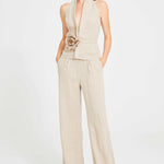 Beige Linen Halter Neck Top With Open Front Detail