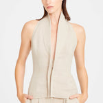 Beige Linen Halter Neck Top With Open Front Detail