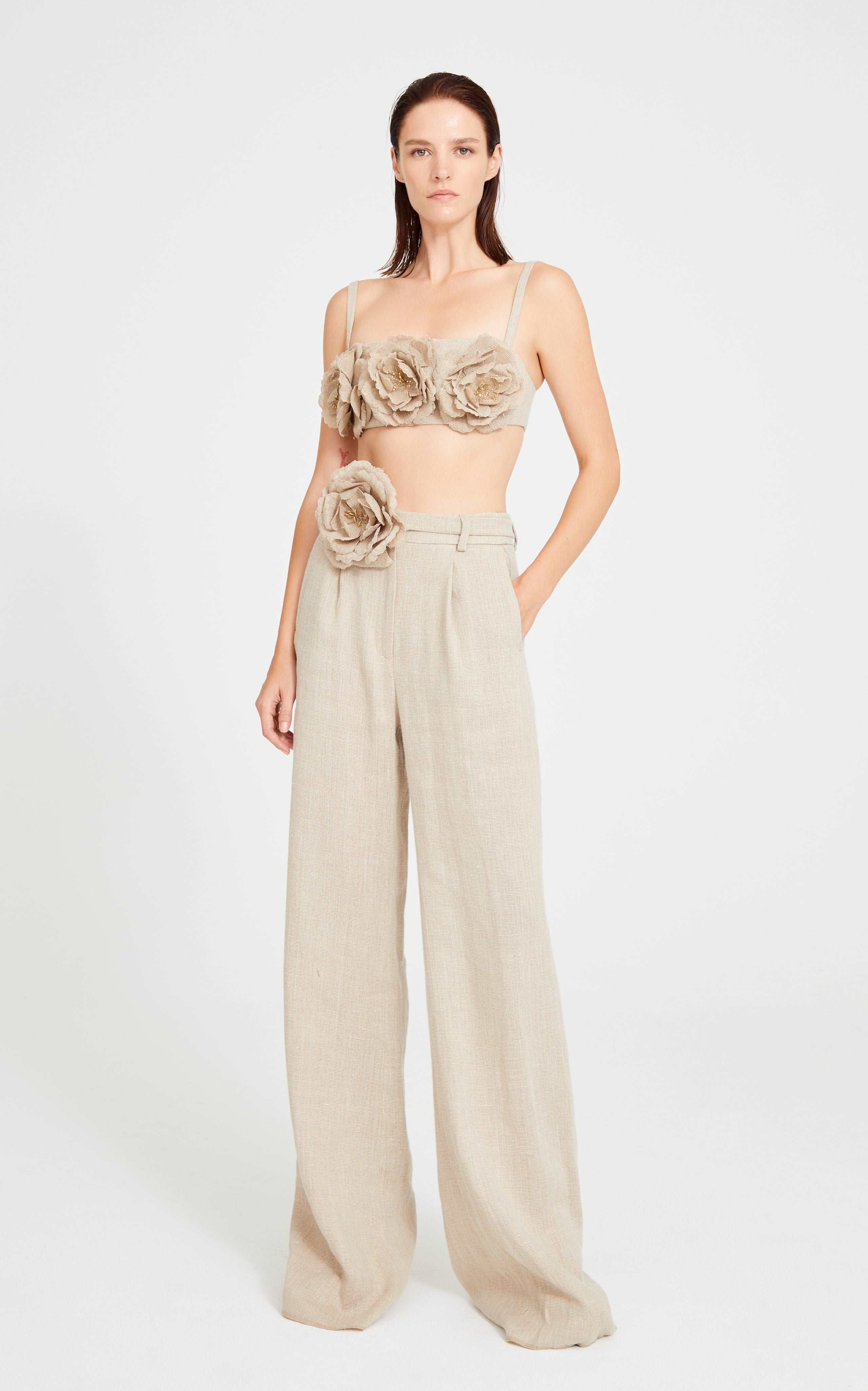 Beige Linen Pleated Pants