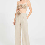 Beige Linen Bustier Top With Flower Details