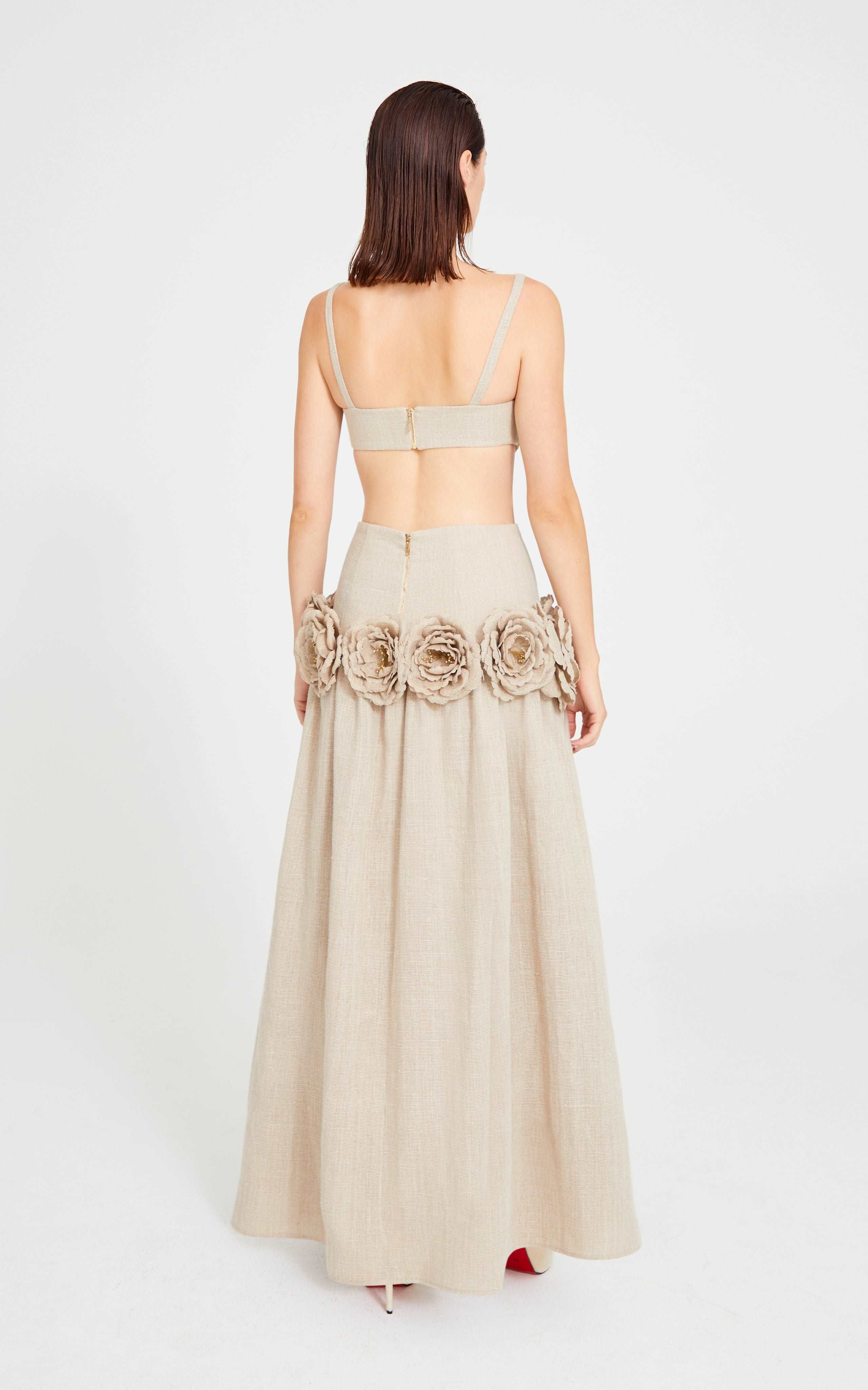 Beige Linen Bustier Top With Flower Details