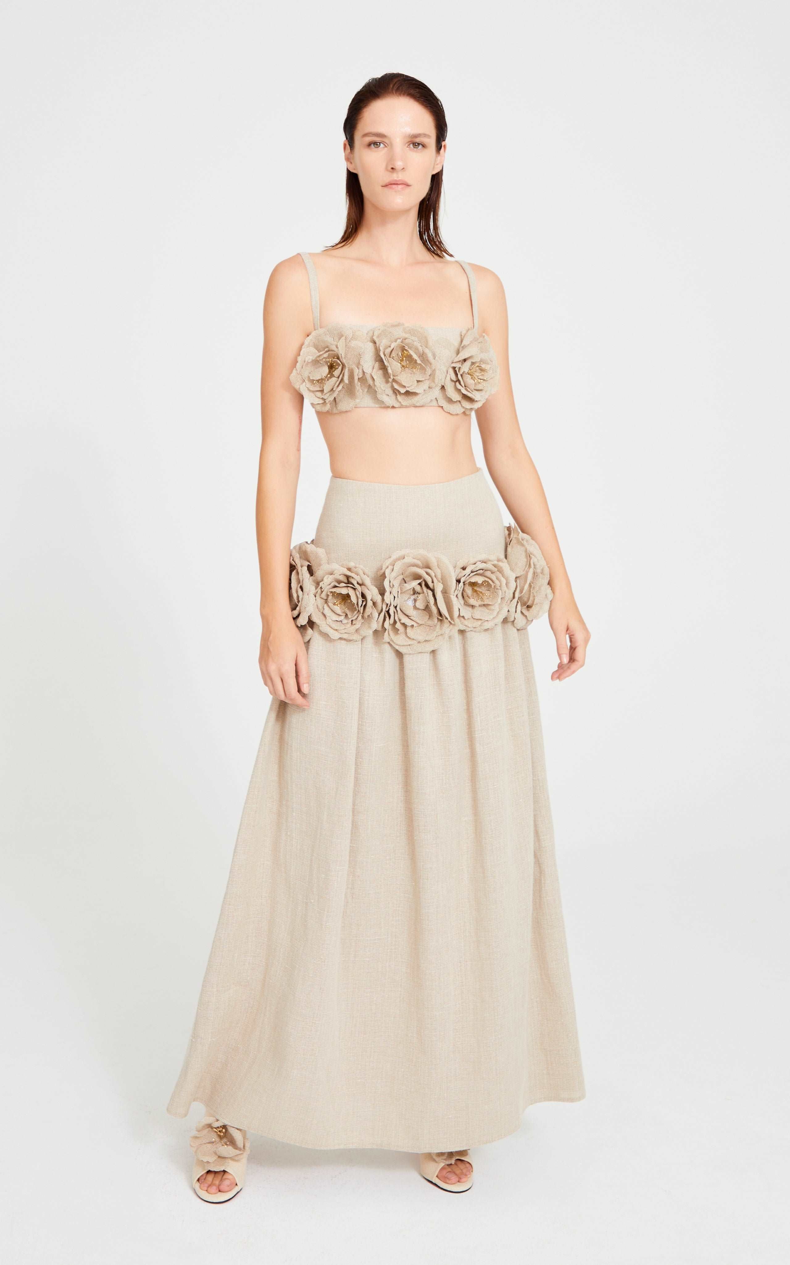 Beige Linen Bustier Top With Flower Details