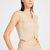 Beige Linen Pleated Pants With Gold Chain Details