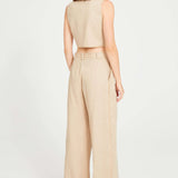 Beige Linen Pleated Pants With Gold Chain Details