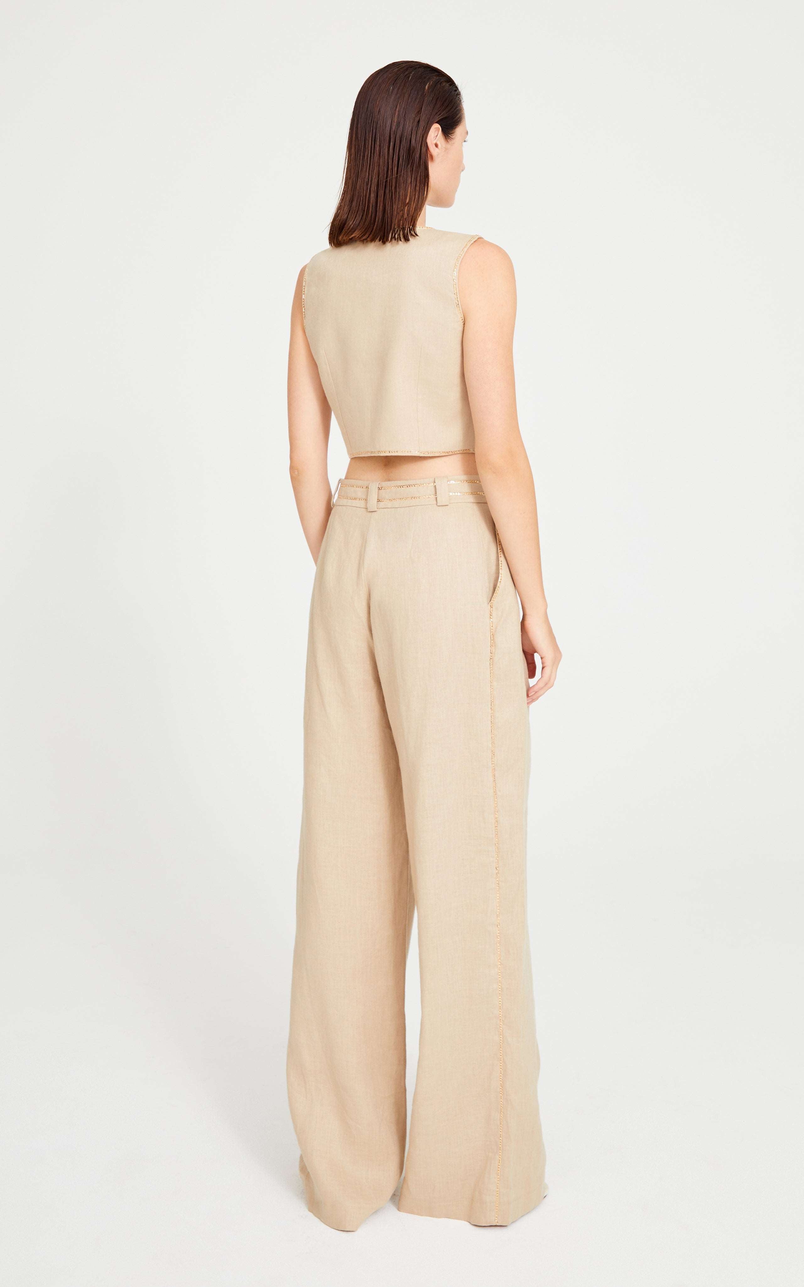 Beige Linen Pleated Pants With Gold Chain Details