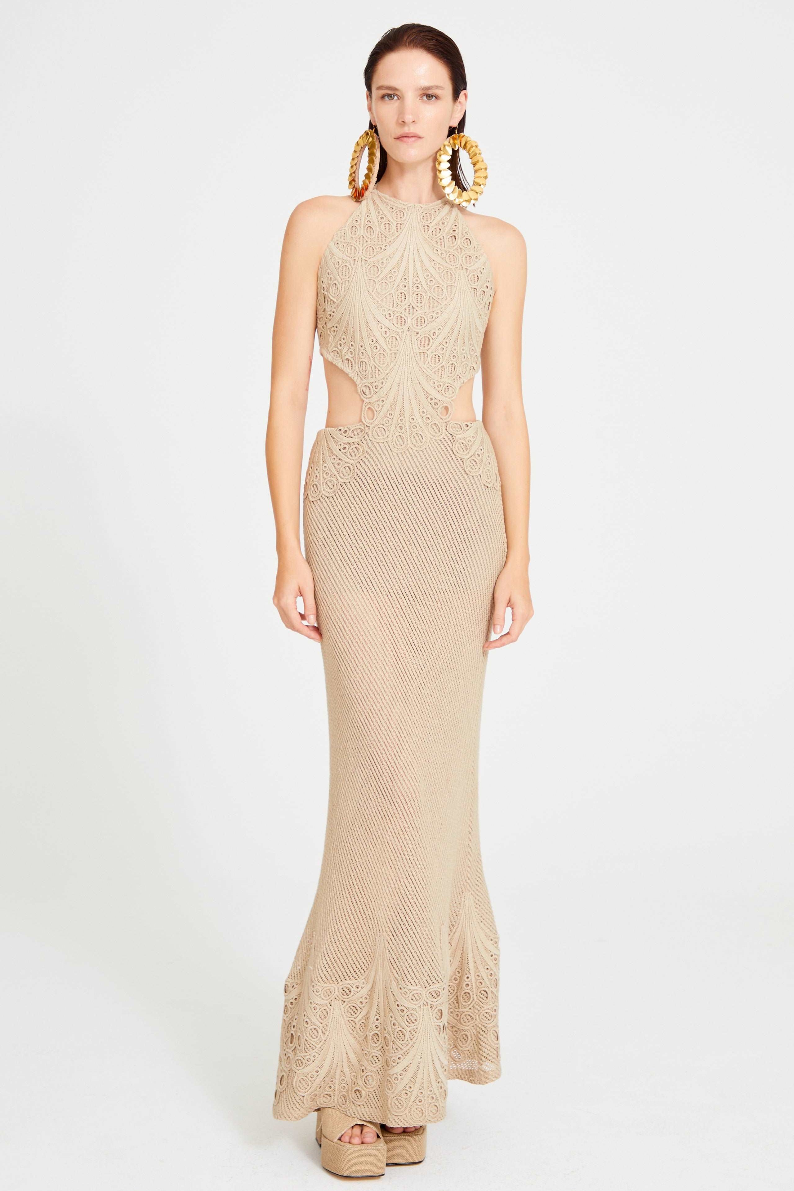 Beige Crochet Halter Neck Midi Dress with Cutout Lace Details Beige Crochet Halter Neck Midi Dress with Cutout Lace Details