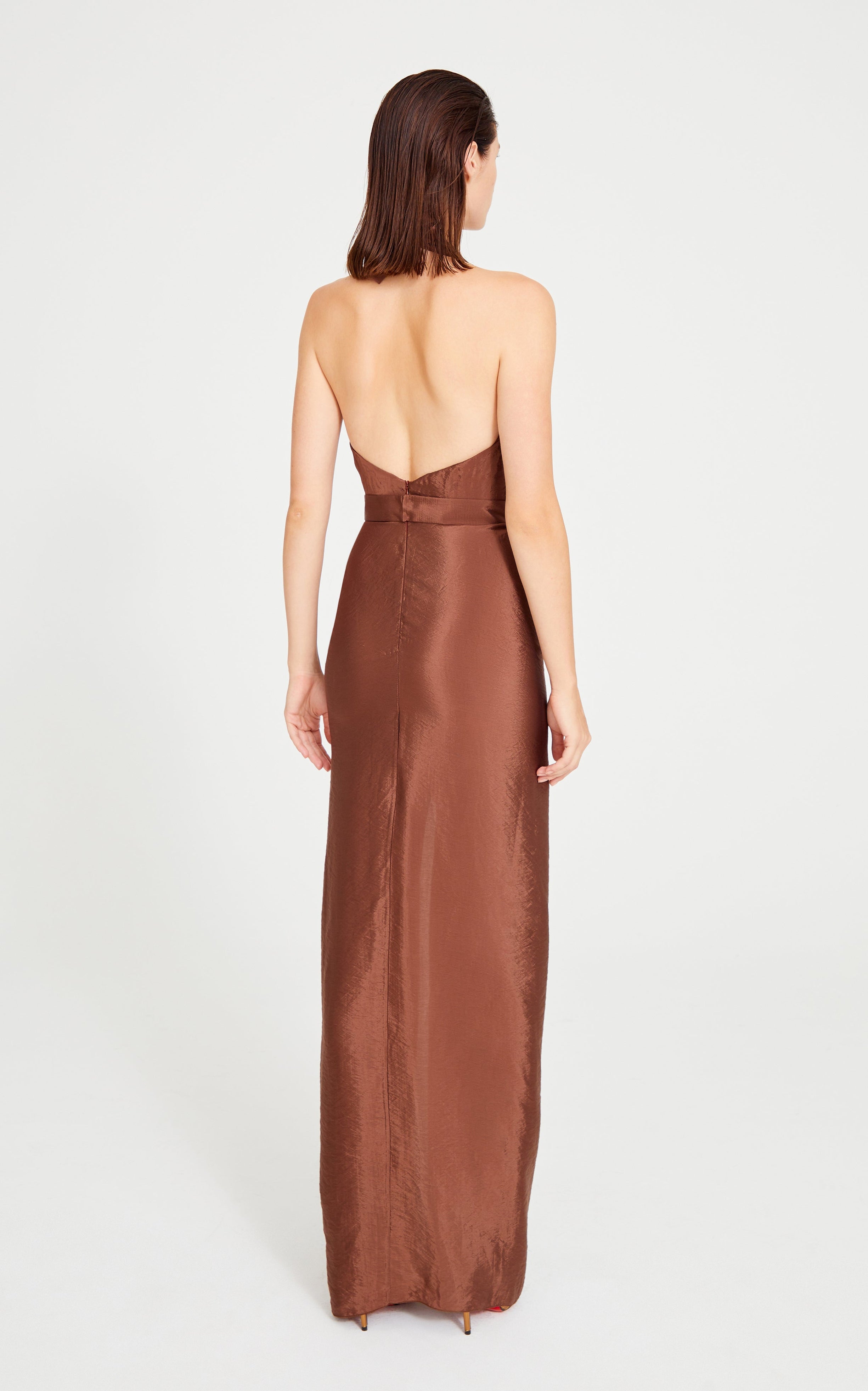Brown Halter Neck Maxi Dress With Drape And High Slit Details – RAISA