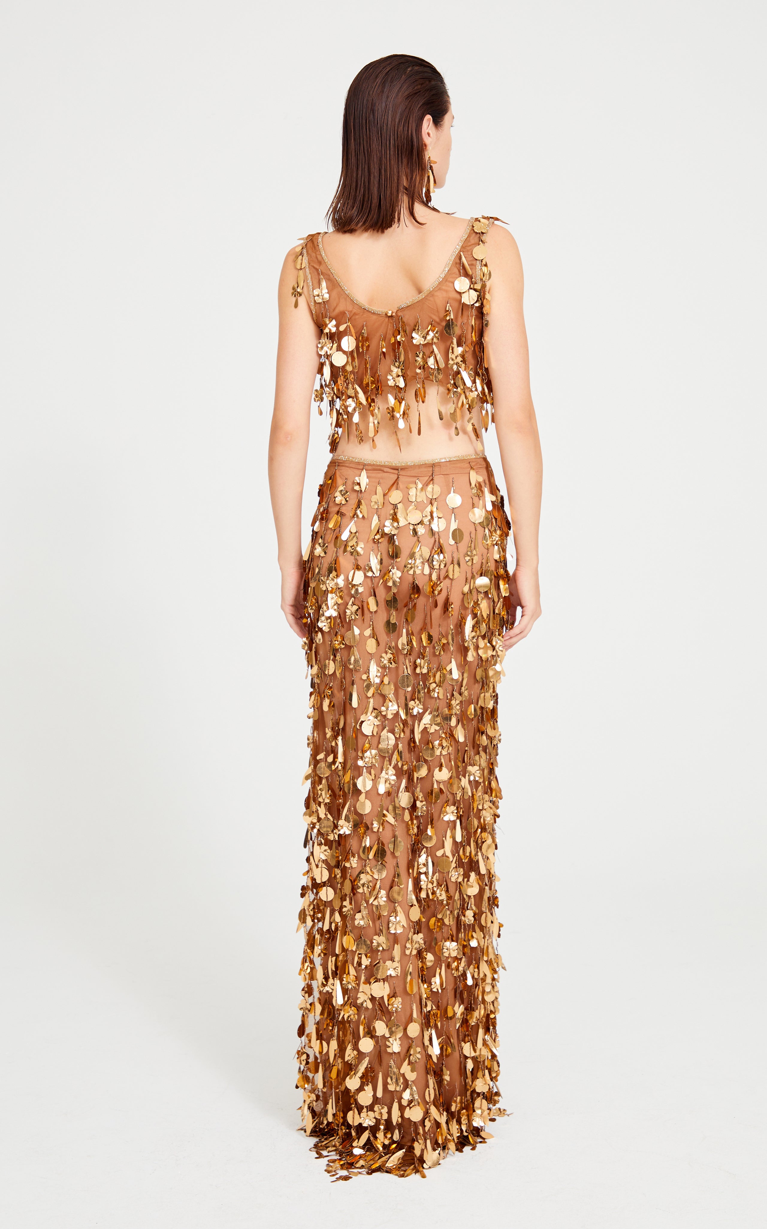 Bronze Beaded Tulle Maxi Skirt With Dripping Gold Sequin And